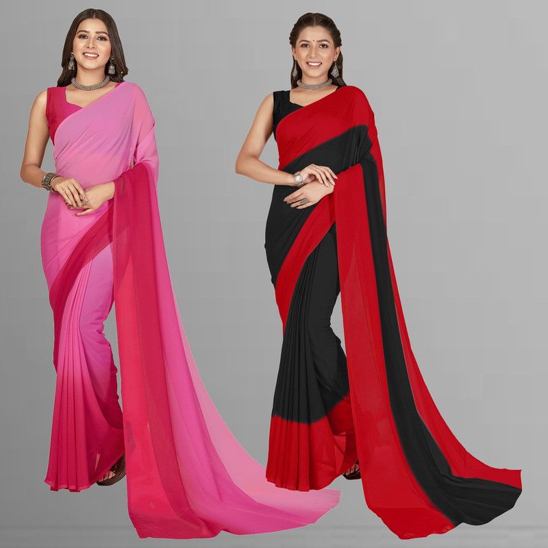 Ombre, Striped, Dyed Daily Wear Georgette Saree  (Pack of 2, Pink, Black)