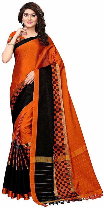 Arani Pattu Cotton Blend Saree  (Orange, Black)