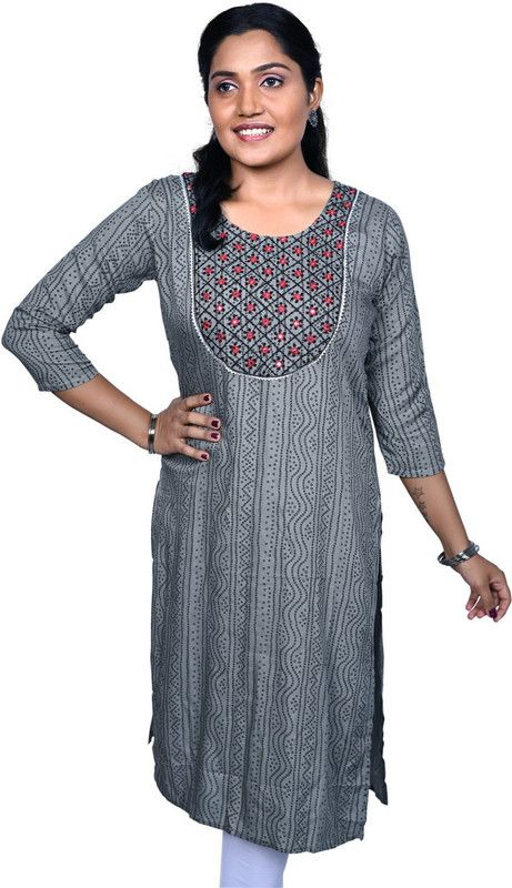 Women Bandhani, Embroidered Viscose Rayon A-line Kurta  (Grey)
