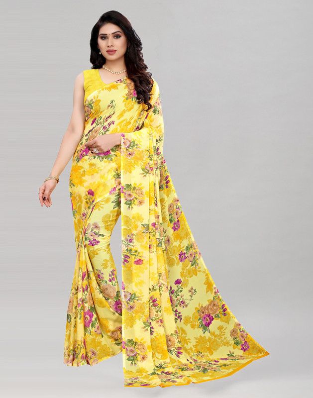 Floral Print Fashion Georgette Saree  (Yellow)