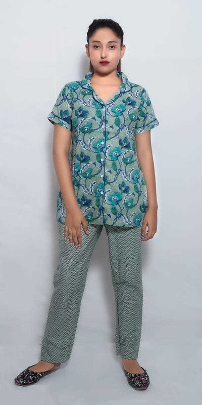 Women Floral Print Light Green Night Suit Set