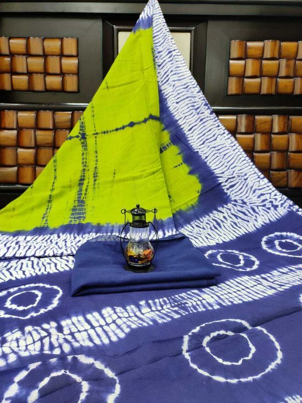 Blocked Printed, Color Block, Dyed, Floral Print, Printed Daily Wear Pure Cotton Saree  (Green, Blue)