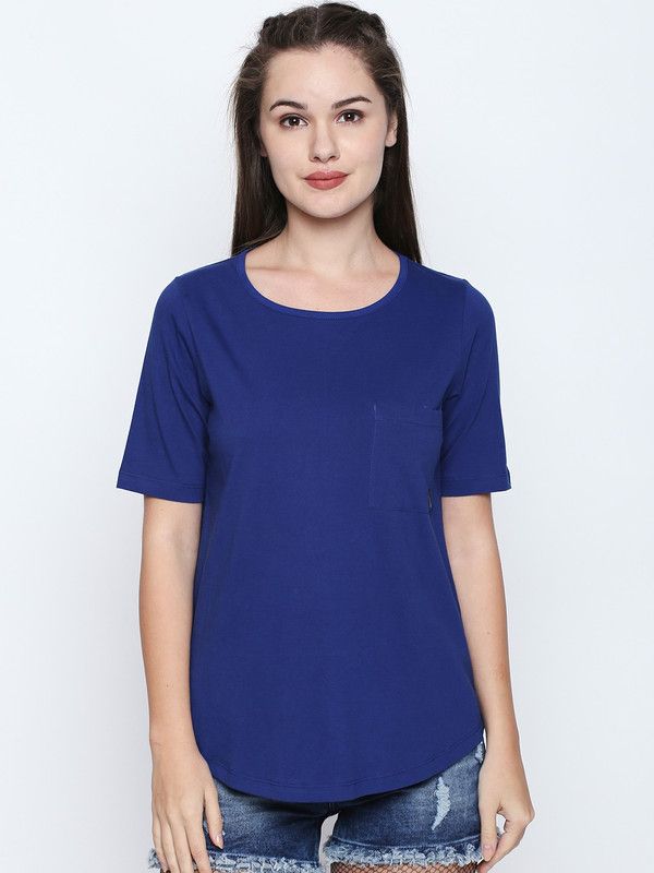 DWTS106RB Women Solid Round Neck Cotton Blend Blue T-Shirt