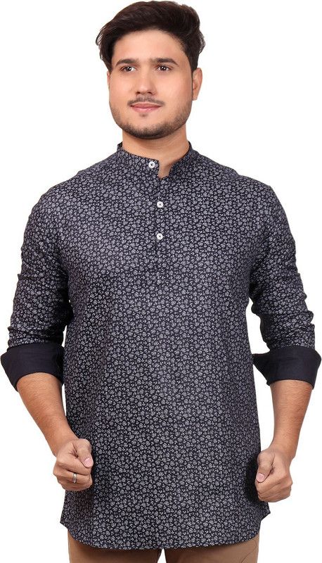 Men Printed Pure Cotton Straight Kurta  (Silver, Black)