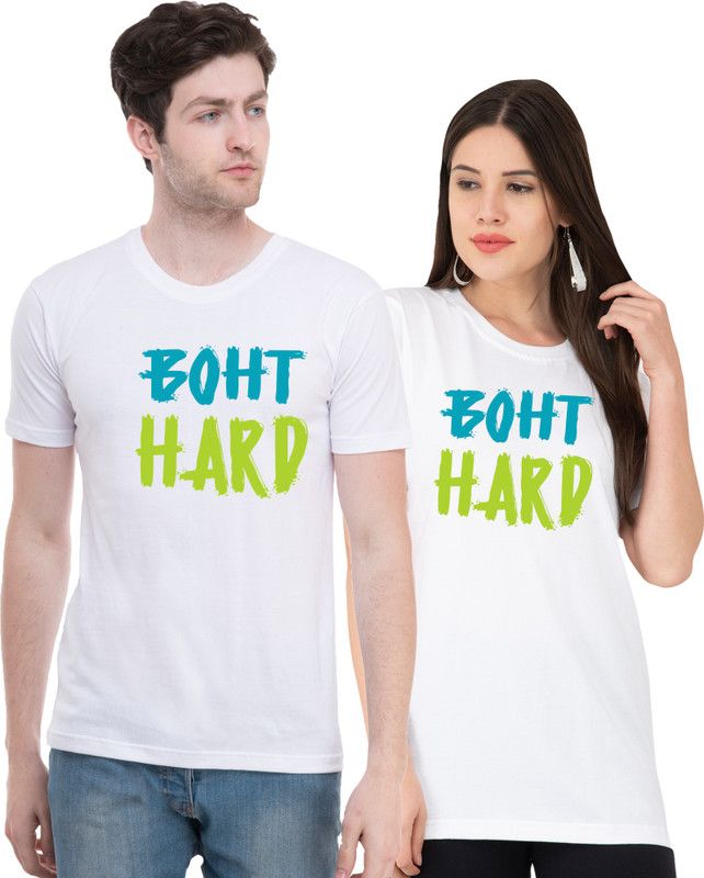 Pack of 2 KPmt_310 Couple Printed Round Neck Poly Cotton White T-Shirt