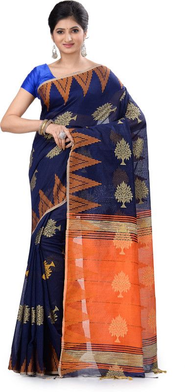 Embroidered Paithani Handloom Cotton Linen Saree  (Dark Blue)