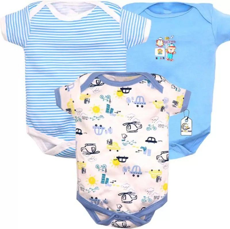 Romper For Baby Boys & Baby Girls Printed Pure Cotton  (Light Blue, Pack of 3)