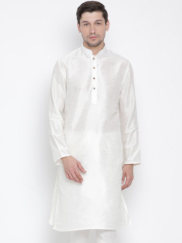 Men Solid Silk Blend Straight Kurta  (Beige)