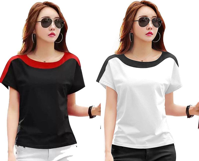 Pack of 2 Women Solid Round Neck Cotton Blend White, Black T-Shirt