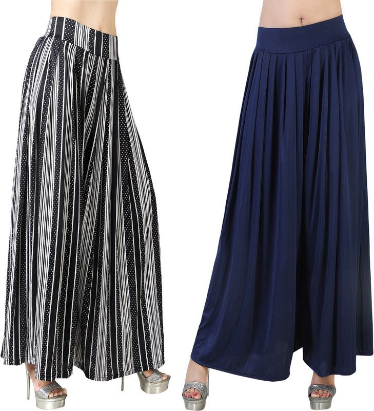Pack of 2 Women Flared Black, Dark Blue Lycra Blend Trousers