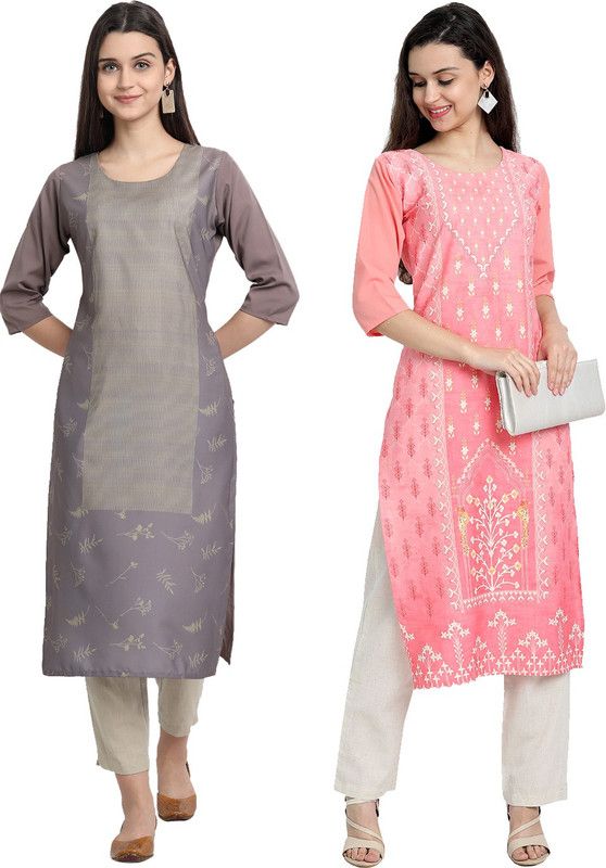 Women Printed Kurta  (Grey, Pink)
