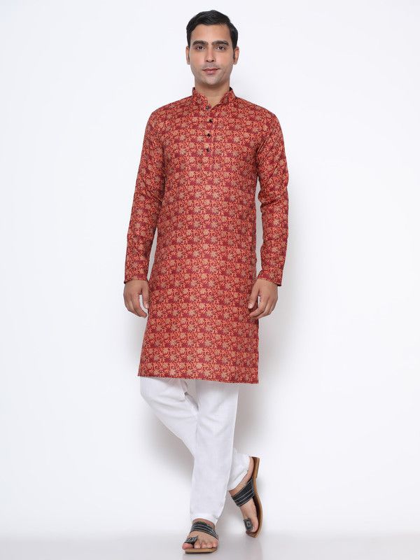 Men Printed Pure Silk Straight Kurta  (Maroon)