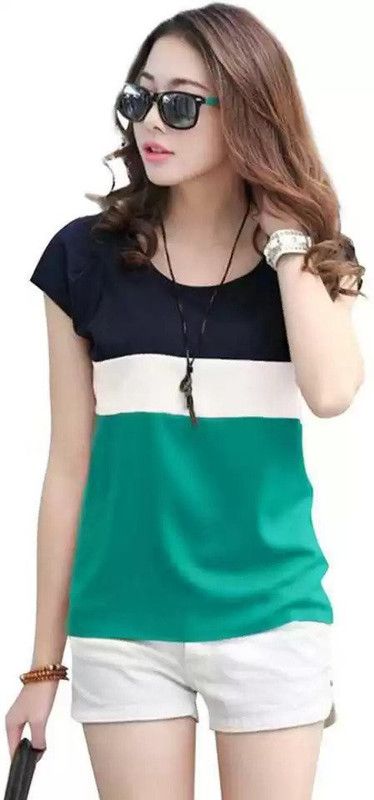Women Colorblock Round Neck Cotton Blend Green, White, Blue T-Shirt