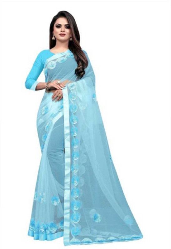 Floral Print Bollywood Net Saree  (Blue)
