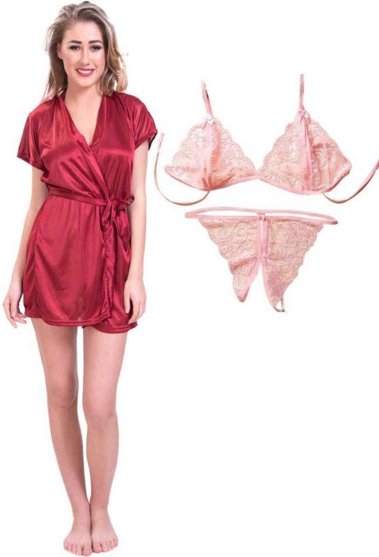 Pack of 3 Women Robe and Lingerie Set  (Maroon, Pink)