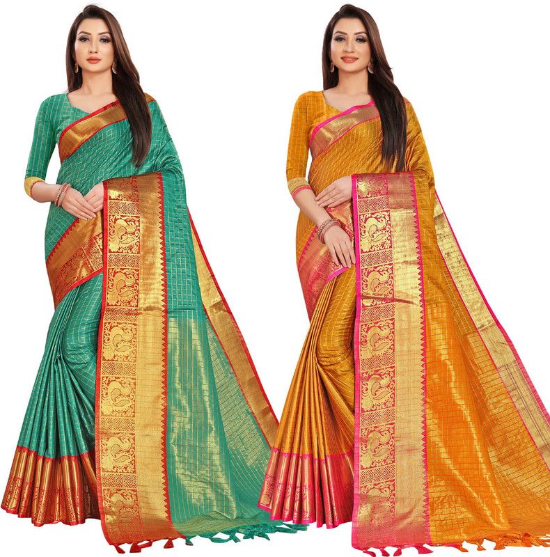 Woven Banarasi Silk Blend, Cotton Silk Saree  (Pack of 2, Multicolor, Mustard)