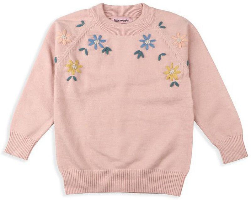 Boys & Girls Embroidered Round Neck Pink Sweater