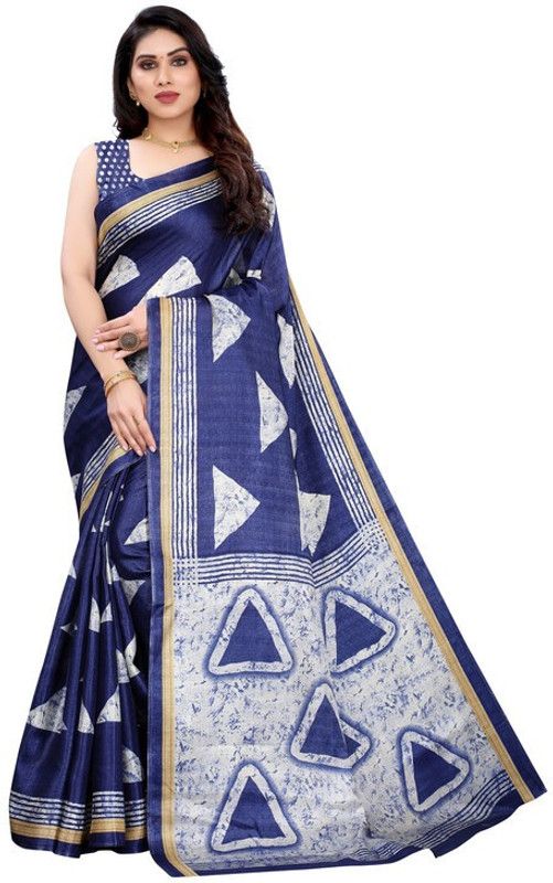 Printed Hand Batik Art Silk Saree  (Dark Blue)