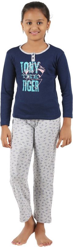 Girls Casual T-shirt Pant  (Dark Blue)