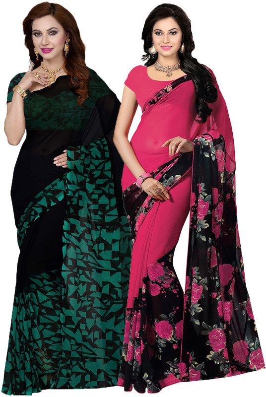 Floral Print Bollywood Georgette Saree  (Pack of 2, Black, Pink)