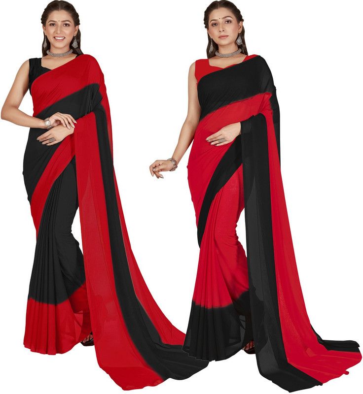 Bollywood Georgette Saree  (Pack of 2, Red, Black)
