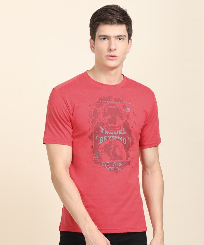Printed Human Spirit Men Printed Round Neck Pure Cotton Pink T-Shirt