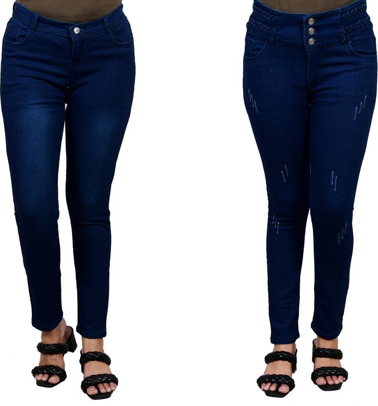 Women Skinny Mid Rise Dark Blue Jeans  (Pack of 2)