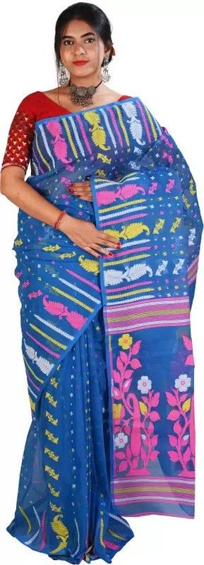 Embroidered Jamdani Cotton Silk Saree  (Light Blue, Pink, Yellow)