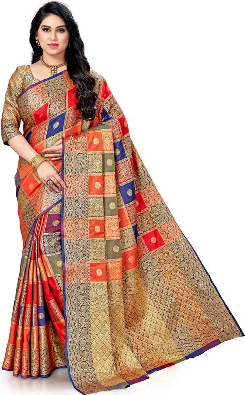 Checkered Banarasi Jacquard, Art Silk Saree  (Multicolor)