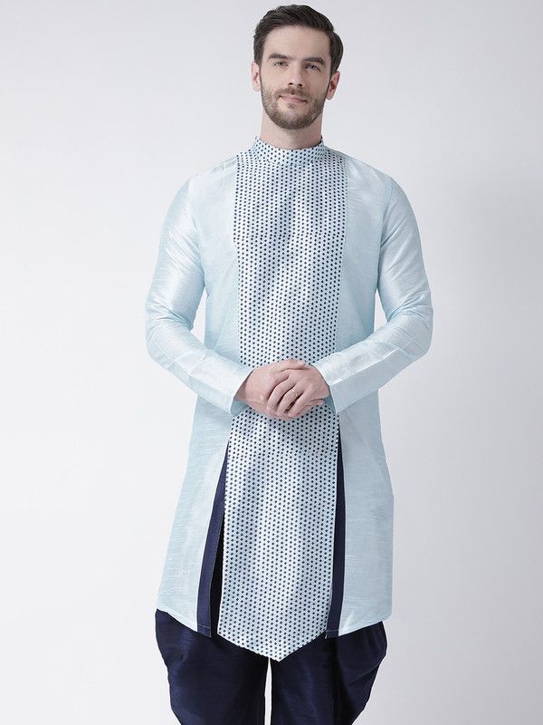 Men Printed Dupion Silk Straight Kurta  (White, Blue)