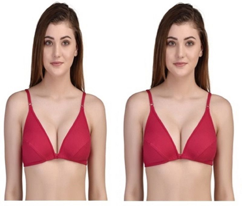 Pack of 2 Women Plunge Non Padded Bra  (Red, Red)