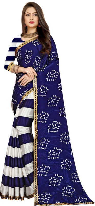Striped Bandhani Silk Blend Saree  (Blue, White)