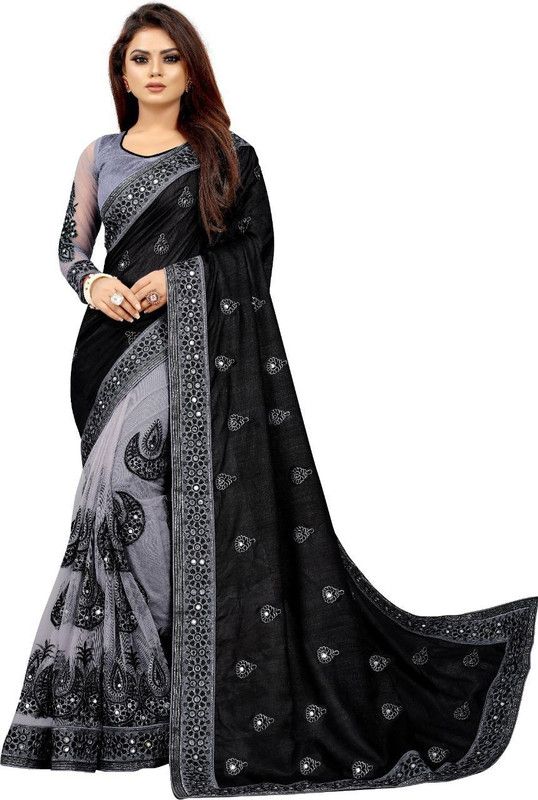 Embroidered Banarasi Chiffon Saree  (Black)