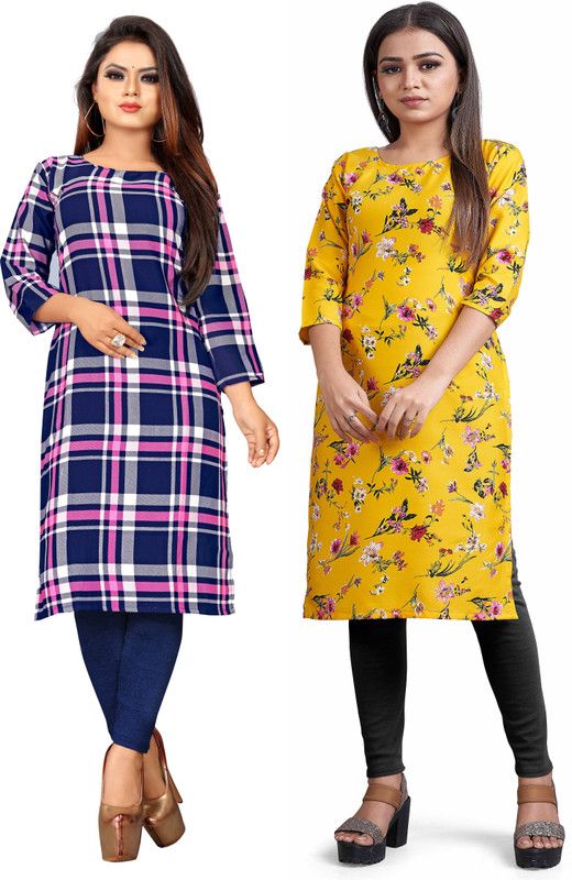 Pack of 2 Women Checkered Crepe Pathani Kurta  (Pink, Yellow)