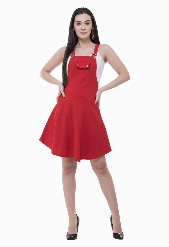 Women Pinafore Red, White Dress