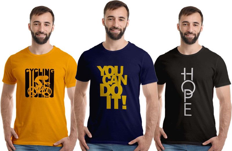 Pack of 3 Men Graphic Print Round Neck Pure Cotton Dark Blue, Black, Yellow T-Shirt