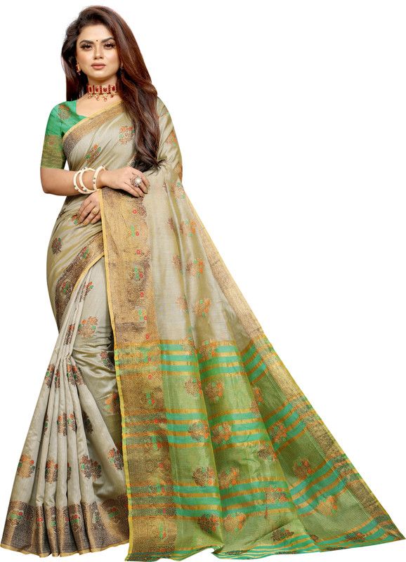 Printed, Self Design, Temple Border, Woven, Solid/Plain Kanjivaram Jacquard, Cotton Silk Saree  (Grey)