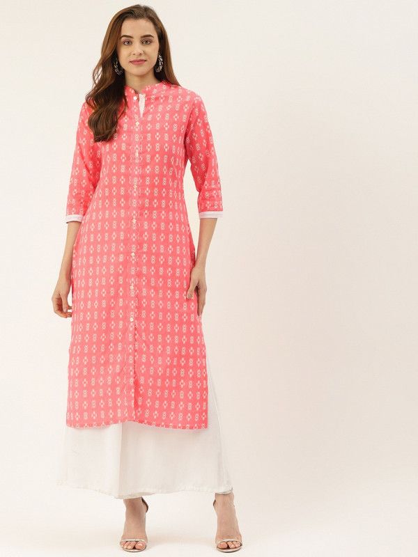 Women Printed Pure Cotton Straight Kurta  (White, Pink)