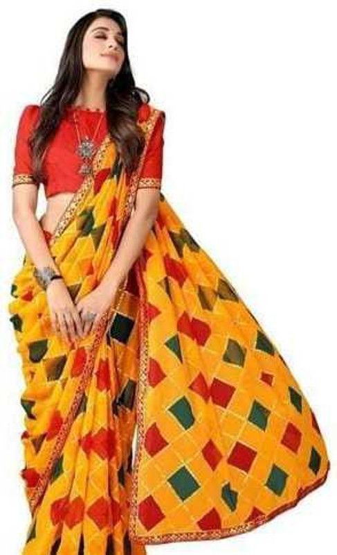 Checkered Bandhani Georgette Saree  (Yellow)