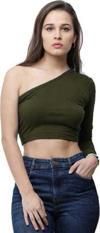 Casual One Shoulder Sleeves Solid Women Green Top