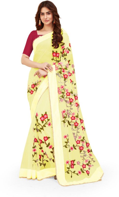 Embroidered Bollywood Net Saree  (Maroon, Yellow)