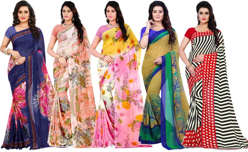 Floral Print Daily Wear Georgette Saree  (Pack of 5, Multicolor)