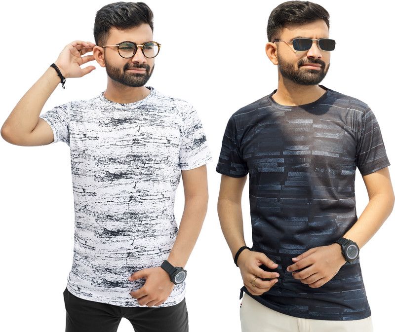 Pack of 2 Men Printed Round Neck Cotton Blend White, Black T-Shirt