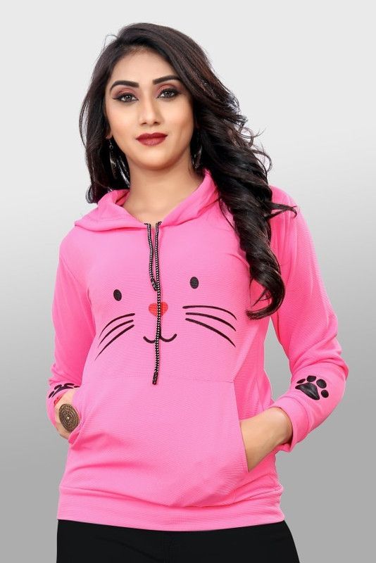 Women Full Sleeve Animal Print, Solid Hooded Sweatshirt