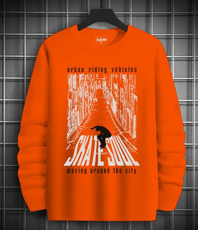 Men Printed, Typography Round Neck Cotton Blend Orange T-Shirt