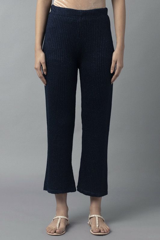 Women Regular Fit Blue Wool Trousers