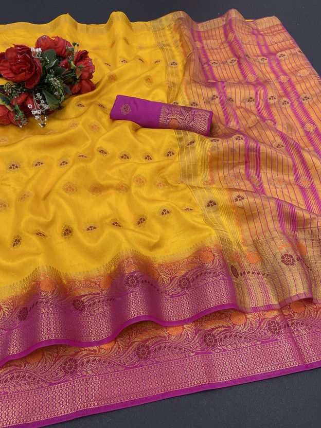 Woven Banarasi Jacquard, Cotton Silk Saree  (Silver, Gold, Pink, Yellow)