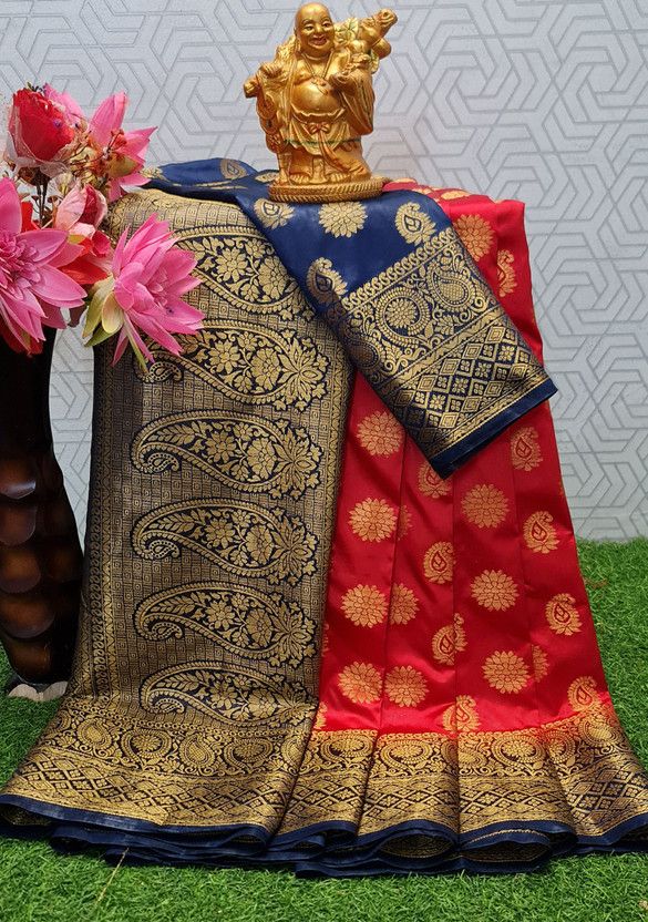 Self Design Banarasi Cotton Silk Saree  (Red)