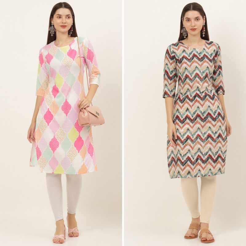 Pack of 2 Women Printed Crepe Straight Kurta  (Orange)