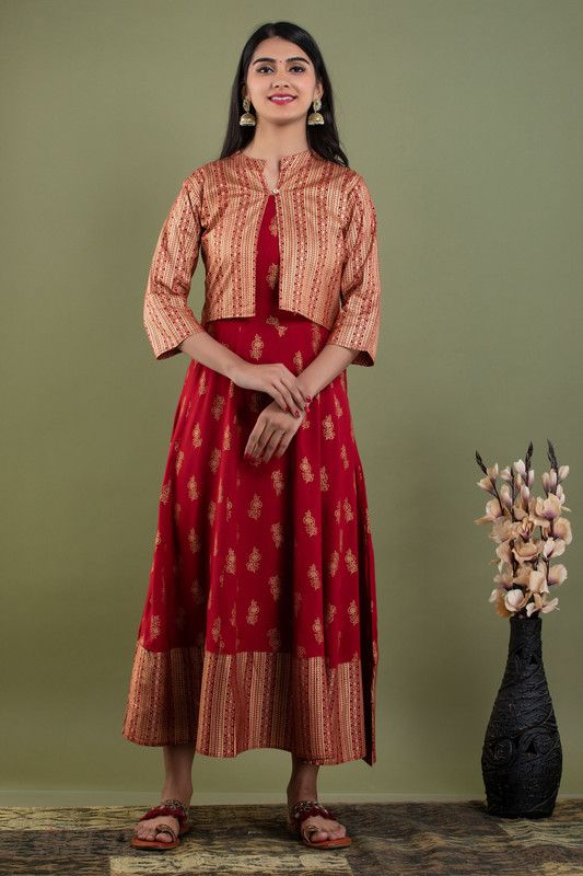 Women Printed Viscose Rayon Gown Kurta  (Maroon)